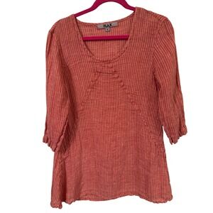 Flax Linen Plaid Tunic Top Shirt Sz S‎ Orange Lagenlook Minimalist Cottage Boho